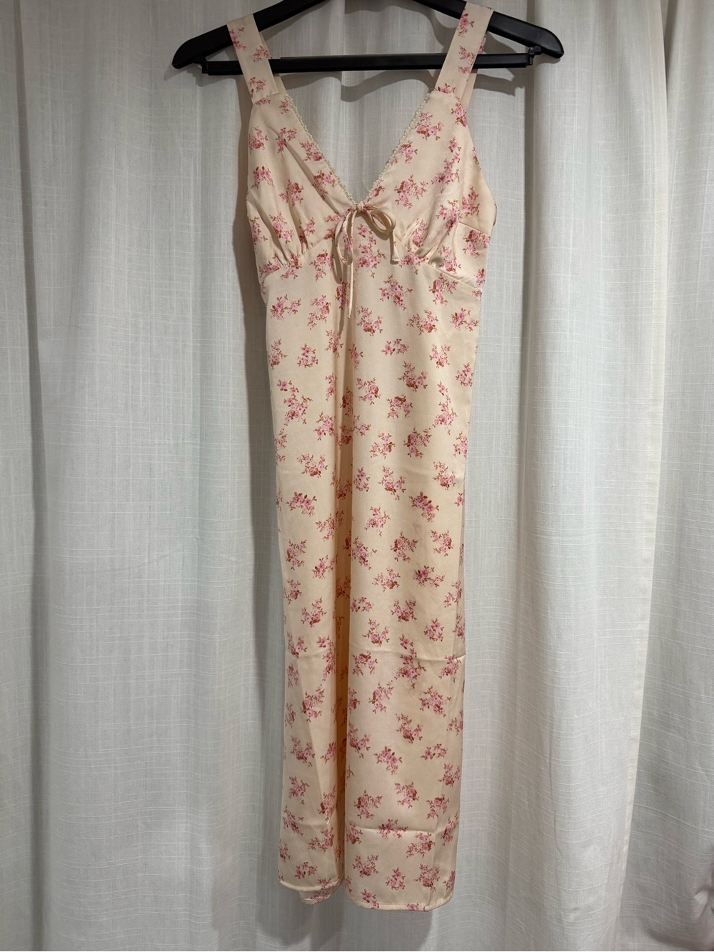 Cream Floral silky Dress with Pink Print